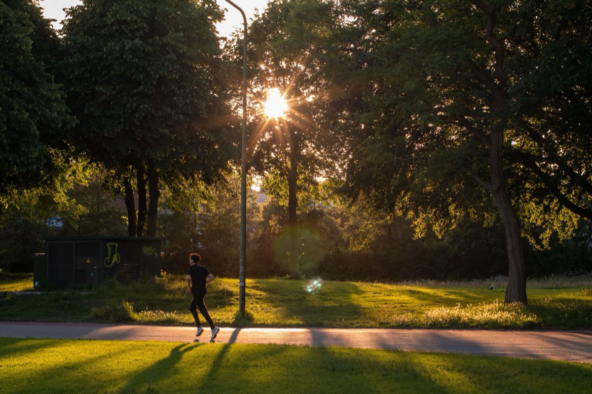 Runner in a park at sunrise, representing health and wellness coaching